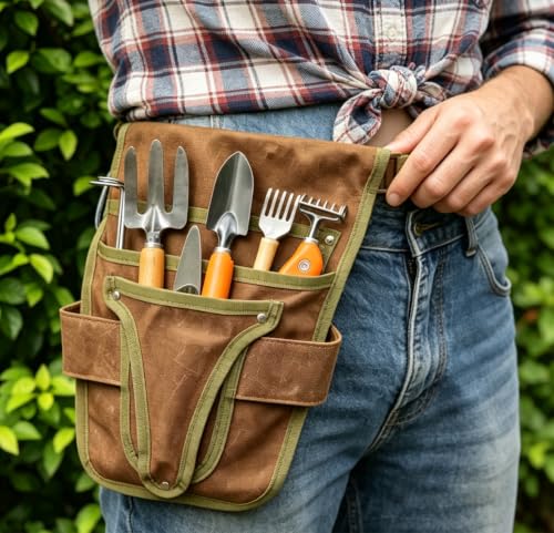 Gardening Tool Pouch for Waist, Hands-Free Canvas Tool Belt with 6 Pockets – Adjustable Waist Apron for Gradenging Tools (Gardening Tools NOT Included)-(Brown) - color: Brown