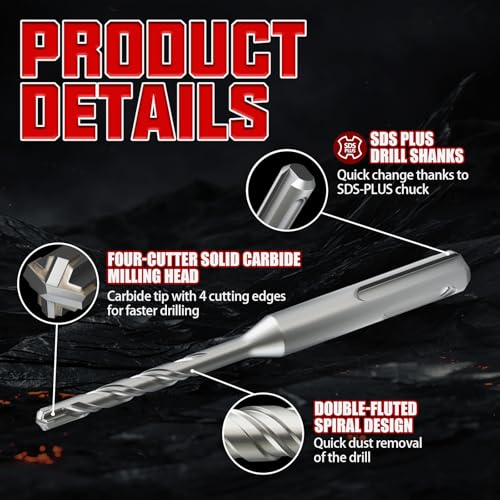 CSOOM SDS Plus Rotary Hammer Drill Bit 1/4"x4.33", Professional Concrete Drill Bit for Concrete, Brick, Stone and Cement Walls - size: 1/4"x4.33"