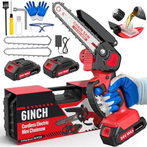 6 Inch Mini Chainsaw Cordless, 24V Battery Powered Chain Saw - color: Red