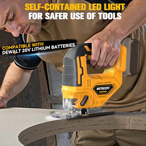 Jig Saw Compatible With Dewalt 20V Battery, NATBEESY Brushless Cordless jig saw tool, LED Work Light, 45° Beveled Cuts, Variable Speed 2900RPM, 3 Orbital Action, 6 Blades for Wood Cutting, Tool Only
