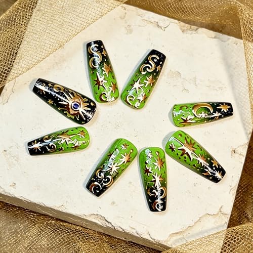 3D Green Press on Nails Almond - Medium French Tip Fake Nails with Embossed Stars&Moon Designs, Glossy Finish Reusable False Nails for Women Manicure(3D Embossed design 20） - color: 3D Embossed design 20