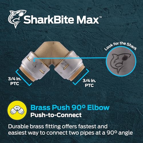 SharkBite Max 3/4 Inch 90 Degree Elbow, Push to Connect Brass Plumbing Fitting, PEX Pipe, Copper, CPVC, PE-RT, HDPE, UR256A - size: 3/4 in.