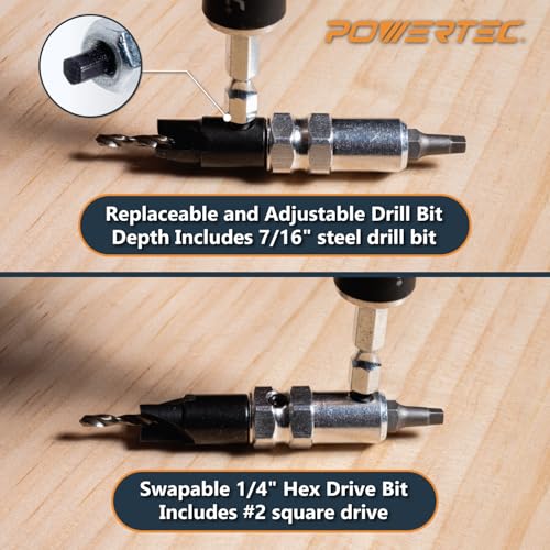 POWERTEC Dual Side Drill and Driver Bit with 1/4" Hex Shank Adapter, for Drilling Pilot Holes & Counterbores, and Fastening #2 Square-Drive Screws, 1 PK (72293) - style: Dual Side Drill & Driver Bit (1/4" Hex Shank)