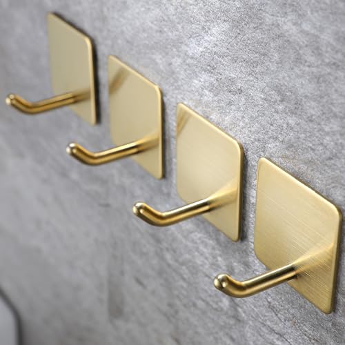 YIGII Adhesive Towel Hooks/Bathroom Hook, Gold Self Adhesive Hooks Heavy Duty Coat Hooks 4-Packs, Non-Punching for Hanging Robes Clothes Hats Stick on Kitchen Bedroom Wall Door, Stainless Steel - color: Gold