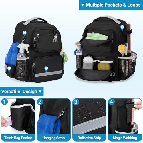 HODRANT Rolling Clean Backpack with Detachable Trolley & Waterproof Bottom | Large Cleaning Supplies Bag with Handle & Support Plate, Cleaner Caddy Organizer for Car Wash & Housekeeping Tool Storage