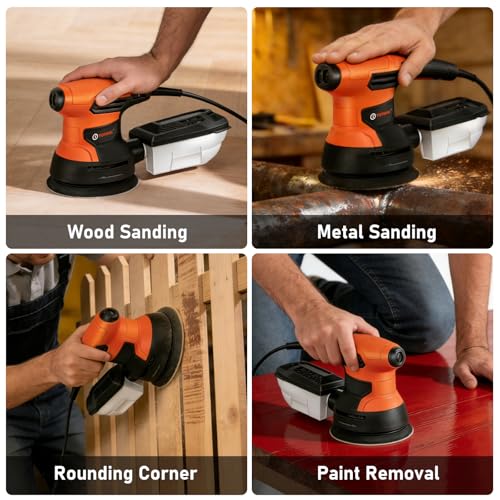 5-inch Orbital Sander, Random Orbit Sander With 6 Variable Speeds, 12pcs Sandpapers, Dust Collection For Woodworking And Sanding
