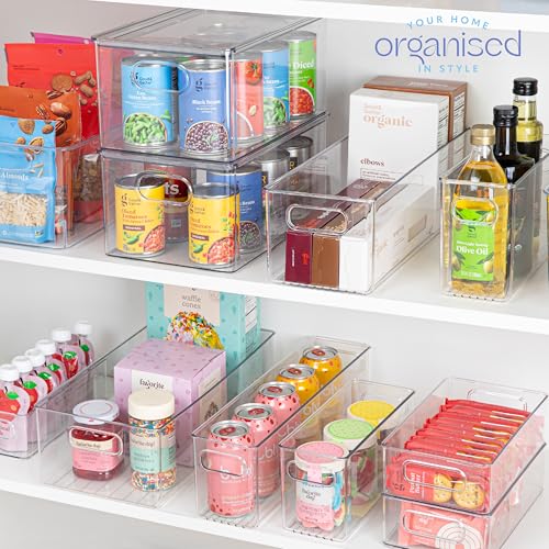 Plastic Food Storage 6 Pack Clear Container Bin with Handles for Organizing Kitchen, Pantry, Refrigerator, Freezer, Pantry, Cabinet, Closet, Bathroom. 16”x6”x5” - size: 16x6x5