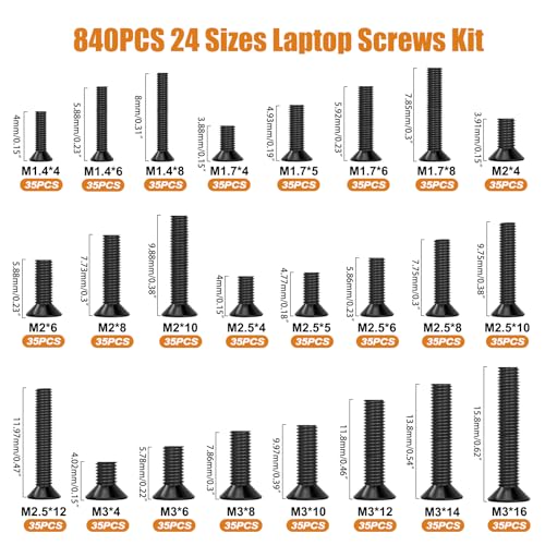 mankk 840PCS Laptop Screws 24 Sizes M1.4/1.7/2/2.5/3 Replacement Computer Tiny Screws Motherboard Screw with Screwdriver for Laptop PC Repair & DIY M-165-840PCS - color: Black-840PCS