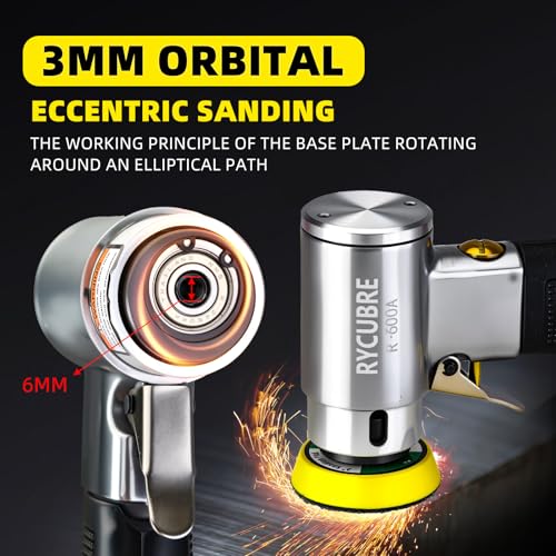 3 Inch Orbital Sander, Air Sander with 1/2/3 Inch Sanding Pads - 60PCS Sandpapers Included, Mini DA Sander for Woodworking, Car Polishing, DIY Projects (1/4 inch Air Inlet)