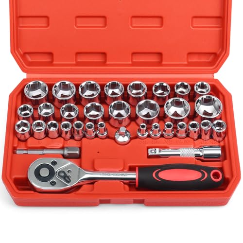 Egofine 34 Pieces 3/8 inch Drive Socket Ratchet Wrench Set, with Socket Set Metric/SAE and Extension Bar for Auto Repairing and Household, with Storage Case - color: Chrome