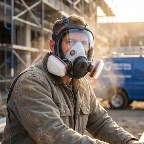 Spherical Wide View Full Face Respirator with Built-in Microphone, Reusable Anti-Fog Silicone Full Face Gas Mask, Dual Air Inlets & Replaceable Filters for Spray Paint, Chemical, Sanding Protection