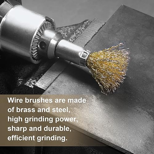 ATOPLEE 20pcs Brass Coated Wire Brush Wheel & Cup Brush Set with 1/4 Inch Round Shank,Diameter 3/8‘’(10mm) Crimped Wire Brush Wheel for Rust Removal, Corrosion and Scrub Surfaces,for Drill Attachment - style: 10mm,20pcs