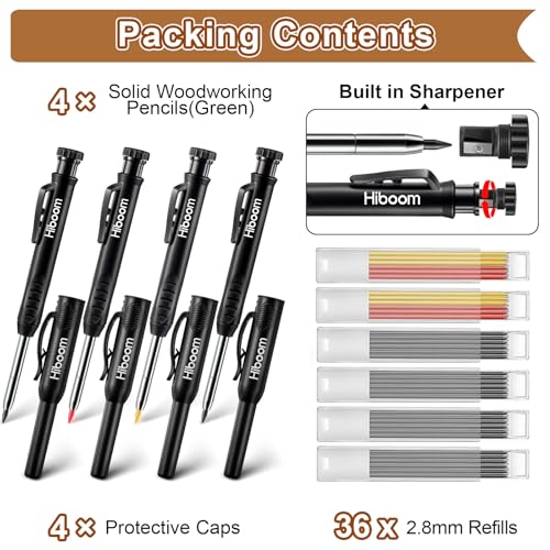 Hiboom 4 Pack Carpenter Pencil with 36 Refills Built In Sharpener (Black) - color: Black