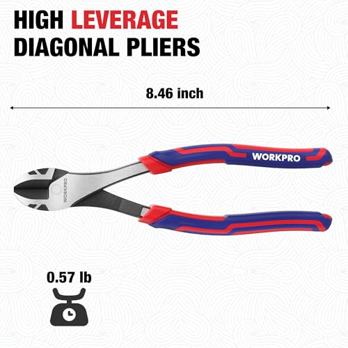 WORKPRO 8 Inch High Leverage Diagonal Pliers, Cr-V Steel & Anti-Slip Handle | Heavy Duty Wire Cutters, Diagonal Cutters, for Cutting Copper, Brass, Iron, Aluminum & Steel Wires
