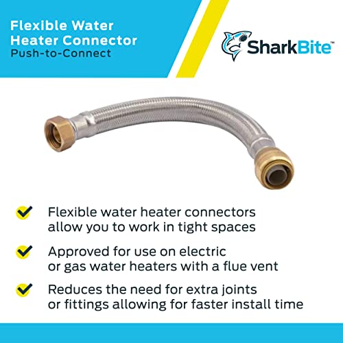 SharkBite 3/4 Inch x 3/4 Inch FIP x 12 Inch Stainless Steel Braided Flexible Water Heater Connector, Push To Connect Brass Plumbing Fitting, PEX Pipe, Copper, CPVC, PE-RT, HDPE, U3088FLEX12LF - size: 12 in, style: SharkBite