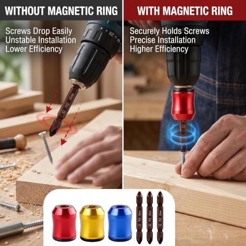 Magnetic Screw Holder Set, 3 PCS Bit Magnetizer Rings with 3 PCS PH2 Screwdriver Bits, Strong Magnetic Drill Bit Holder for 1/4 Inch Hex Bits, Magnetic Screw Holder for Drill, DIY Repair Tool