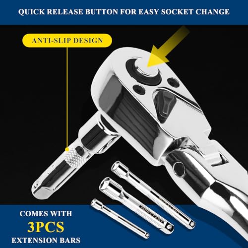 PRIDE&CRAFT 6-Piece Flex Head Ratchet Set, 1/4", 3/8", 1/2" Drive 72-Tooth Swivel Head Ratchet Wrench with Extension Bars, Quick Release Reversible Socket Wrench, EVA Organizer - style: 6pc Flex Head