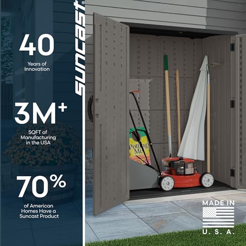 Suncast 54 Cu Ft Medium Vertical Storage Shed, Stoney, Made in USA - color: Stoney
