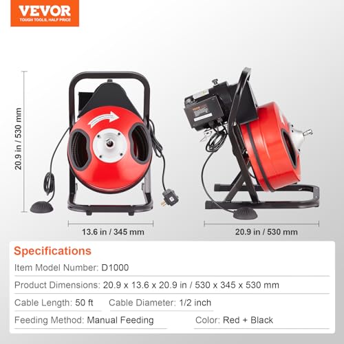 VEVOR Drain Cleaner Machine 50FT x 1/2 Inch, Manual Feed Sewer Snake Auger - with 4 Cutters & Air-activated Foot Switch for 2" to 4" Pipes - style: 50 FT x 1/2''