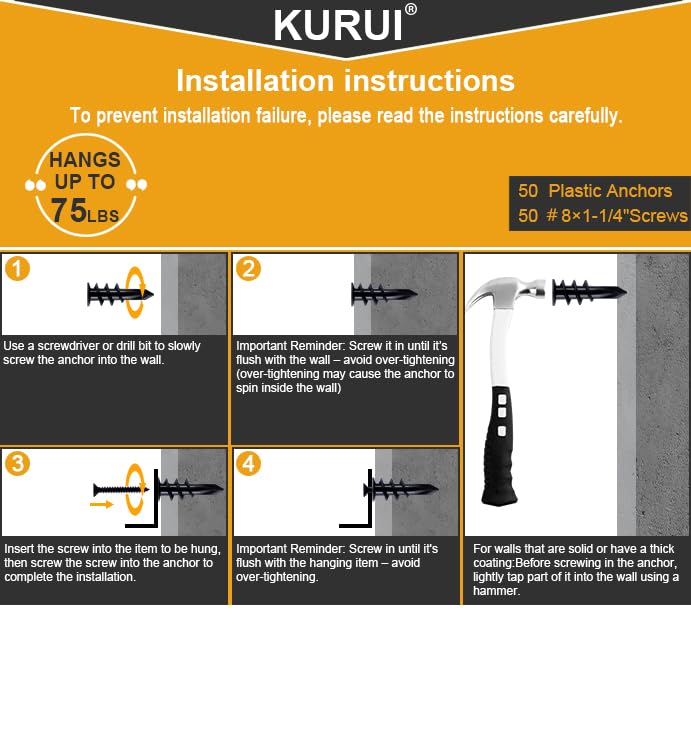 KURUI 140Pcs #8 Self Drilling Drywall Anchors and Screws Kit, No Drill Hole