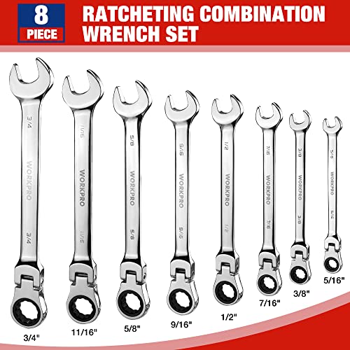 WORKPRO 8-piece Ratcheting Combination Wrench Set, SAE & Polished - size: SAE, style: Mirror Polished