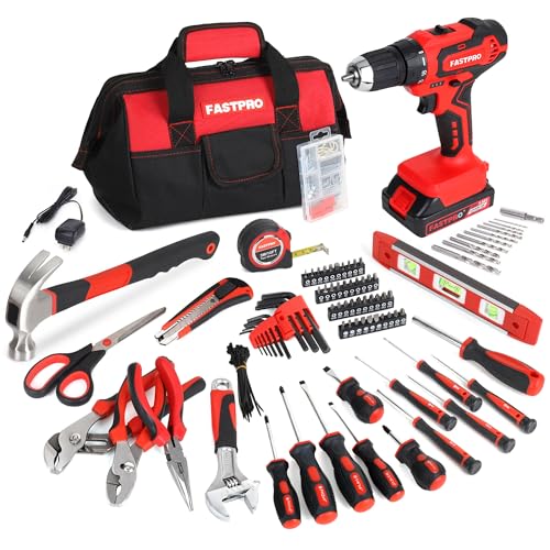 FASTPRO Home Tool Set with Drill, Household Repairing Tool Kit, Red - color: Red