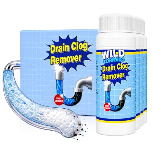 Drain Clog Remover Powder 4 Pack, Sink & Drain Cleaner Fast-Acting Foaming for Hair, Grease, Kitchen Sink & Toilet Clogs, Powerful Pipe Cleaning Solution for Showers & Drains, 480g