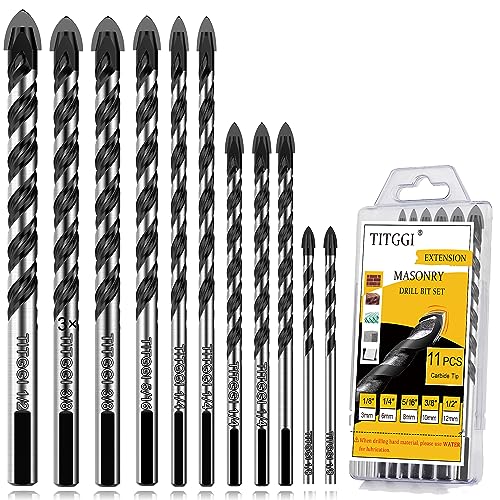 11-Piece Extended Masonry & Concrete Drill Bit Set, Carbide Tips, 1/8"-1/2" - size: 11 pcs 1/8"-1/2" Masonry Drill Bits Set
