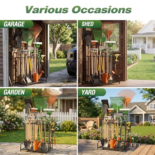 Sttoraboks Garden Tool Organizer Rack Up to 39 Tools, Heavy-Duty Steel Yard Tool Organizer for Garage Storage with 12 Hooks, Broom Holder & Garden Tool Rack for Shed, Patio, Outdoor Storage, Black - style: Rack With Accessories – No Wheels