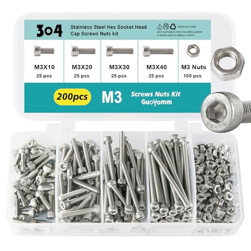 M3 x 10mm 20mm 30mm 40mm Hex Socket Head Cap Screws Bolts and Nuts, Stainless Steel 304, Bright Finish, Metric Allen Drive, Fully Thread, Assortment Kit 200PCS - size: Socket M3x10-40mm+Nuts