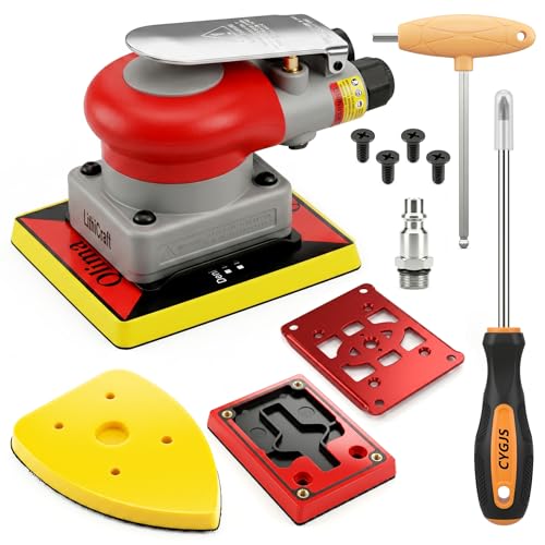 3-in-1Pneumatic Random Orbital Palm Sander, 4 x 4.3 in Air Square Sander, 10000 RPM, with 3 x 4 in Square panels and Triangle Detail Panel for Right-Angle Edges, Woodworking, Metal