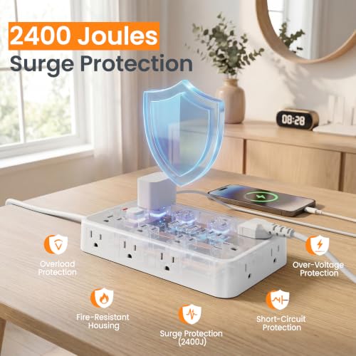 6 FT Surge Protector Power Strip with 6 USB, 16 Outlets, 2400J - color: White / Gray, size: 6 FT