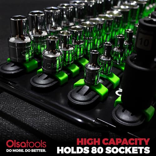 Olsa Tools 80-Slot Portable Socket Organizer Tray With Handle Green/Black - color: Black Tray/Green Clips