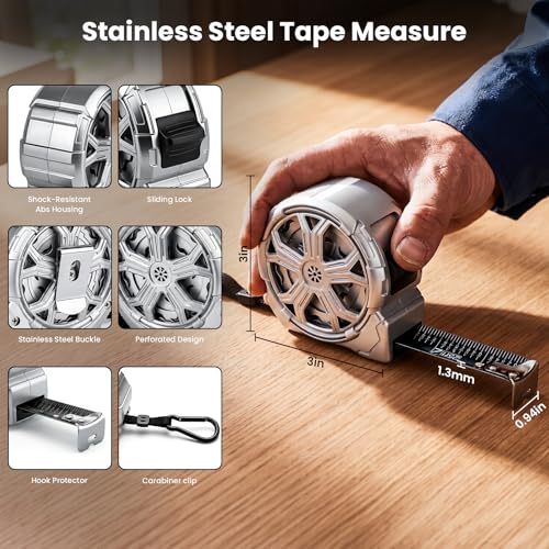 25FT Tape Measure – High Precision Stainless Steel Retractable Measuring Tape, Rustproof & Dust-Proof, for Construction, Carpentry, Framing, Flooring, Plumbing, Electrical