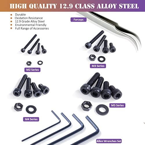 ZTF 840PCS M2 M3 M4 M5 Socket Head Cap Screws Nuts Assortment Kit with Storage Box, 12.9 Grade Alloy Steel Metric Thread Hexagon Allen Machine Bolt, DIN 912 Black Oxide Finish,4 Hex Wrenches Included - style: Hex Socket Head