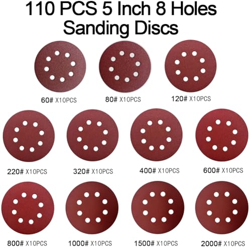 110pcs 5 Inch 8-Hole Sanding Discs Hook and Loop Sandpaper Discs 60 80 120 220 320 400 600 800 1000 1500 2000 Grits Sandpaper for Random Orbital Sander - style: 110pcs 60-2000 Assort Grits