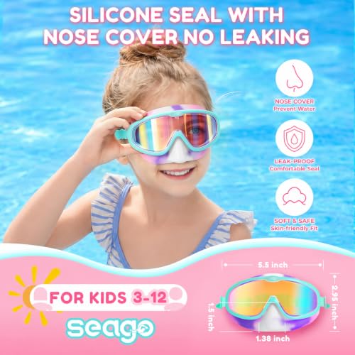Seago Kids Swim Goggles with Nose Cover 2 Pack for 3-14 Anti-Fog Clear View - color: Blue & Cyan