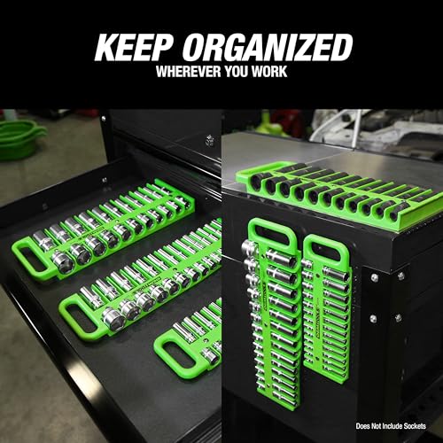 OEMTOOLS 23116 1/4" Drive Portable Magnetic Socket Organizer Tray, Magnetic Socket Holders Organizers For Tool Box, Shop, Or Garage, Holds Up To 26 Tools, Metric/SAE, Green - style: 1/4 Inch Drive