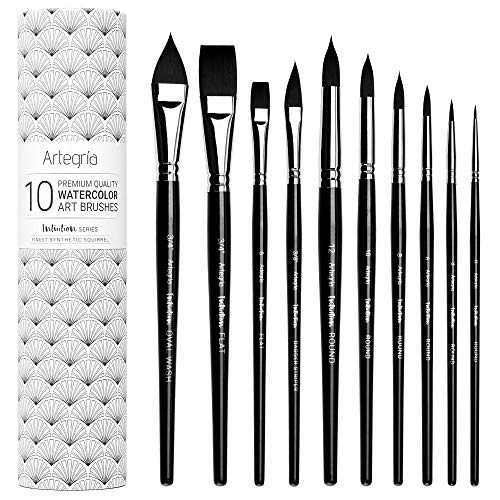 ARTEGRIA Watercolor Brush Set, 10 Soft Synthetic Squirrel Brushes - color: Black - 10pcs