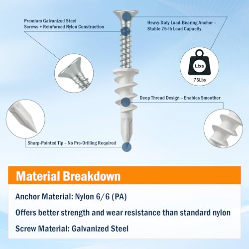 120pcs (60 Sets)-Plasterboard Fixings, Self-Drilling Plasterboard Anchors & #8 Galvanised Screws + Magnetic Screwdriver — 75 lb Hold - color: #8 Screws-F 120pcs