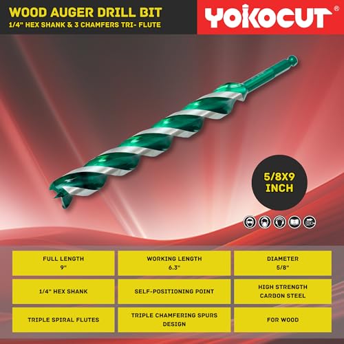 5/8"x 9" Auger Drill Bit for Wood, Hex Shank Tri-Flute Drill Bits, Ship Auger Long Drill Bit for Soft and Hard Wood, Plastic, Drywall, Tree Stump and Composite Materials - size: 5/8 Inch, style: Length: 9"