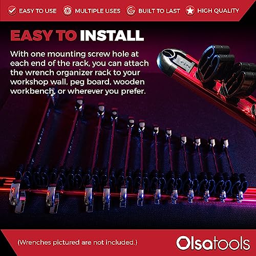 Olsa Tools Wall-Mounted Wrench Rack - Red Anodized Aluminum Rail with Black Clips - Stores 14 SAE or Metric Wrenches Securely - Professional Organizer - Part: 1028 - style: Red Aluminum + Black Clips