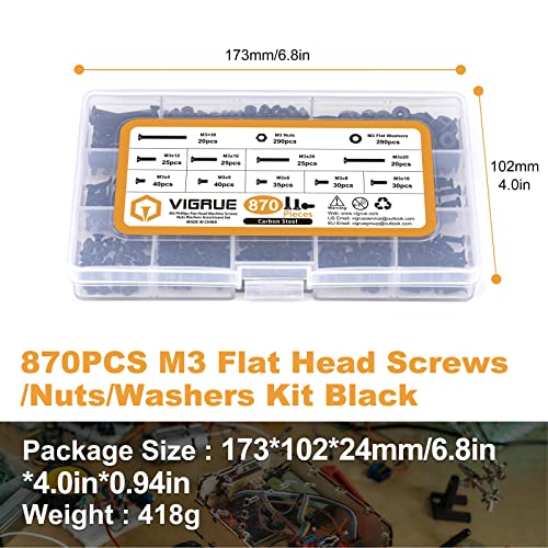 VIRGUE 870Pcs M3 Flat Head Phillips Machine Screws Black, M3 x 4/5/6/8/10/12/16/20/25/30mm Countersunk Metric Machine Screws Assortment Kit - size: M3 Phillips