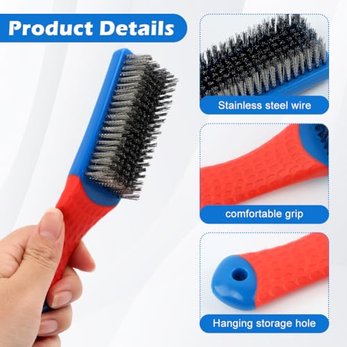 2 Pack Steel Brush for Cleaning-Heavy Duty Stainless Steel Wire Brush for Metal Rust Cleaning, Paint Scrubbing with Rubber Covered Handle