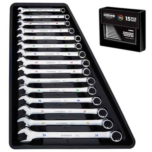 toolant Max Grip 15pcs Professional Metric Combination Wrench Set with Long Pattern Offset Heads Anti-Slip Teeth & Color-Coded Markings for Machinist, Auto, maintenance, DIYer - size: Metric(8-24mm)