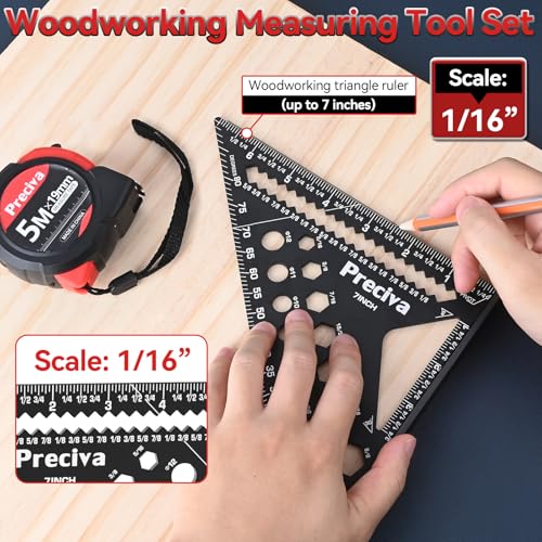 Preciva Carpenter Square Set - 7 inch Rafter Square, Belt-Mounted Organizer and Tape Measure, Multi-Purpose Carpenter Tool Measuring Layout Tool for Woodworking and Carpentry