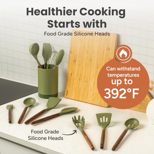 SMIRLY Silicone Kitchen Utensils Set, 22-Piece Acacia Wood Handle, Green - color: Green