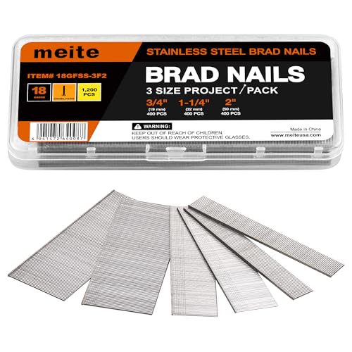 meite 18 Gauge Stainless Steel Brad Nails, Assortment Kit 3 Sizes (3/4", 1-1/4", 2-Inch) Finish Nails for Pneumatic, Electric 18GA Brad Nail Gun Nailer, Multi-Project Pack 1,200-Count - size: Assorted 3 Sizes (1200 PCS), style: 1 Box