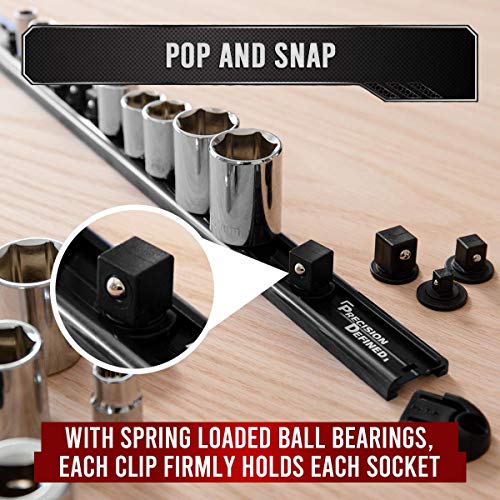 Precision Defined Aluminum Tool Socket Holder 3-Piece Set | Black, 1/4-Inch x 16, 3/8-Inch x 16, 1/2-Inch x 14 Clips | 360 Rotation - Heavy Duty Socket Rails Organizer - color: Black