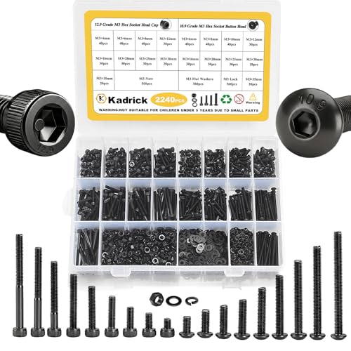 KADRICK 2240PCS M3 Screw Assortment,Hex Socket Button & Cap Head M3 Screws - size: M3 2240Pcs 4-35mm